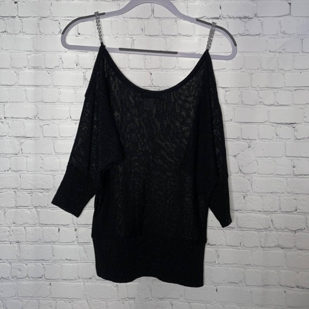 Black Shimmer Cold Shoulder Blouse with Silver Chain Shoulder Straps